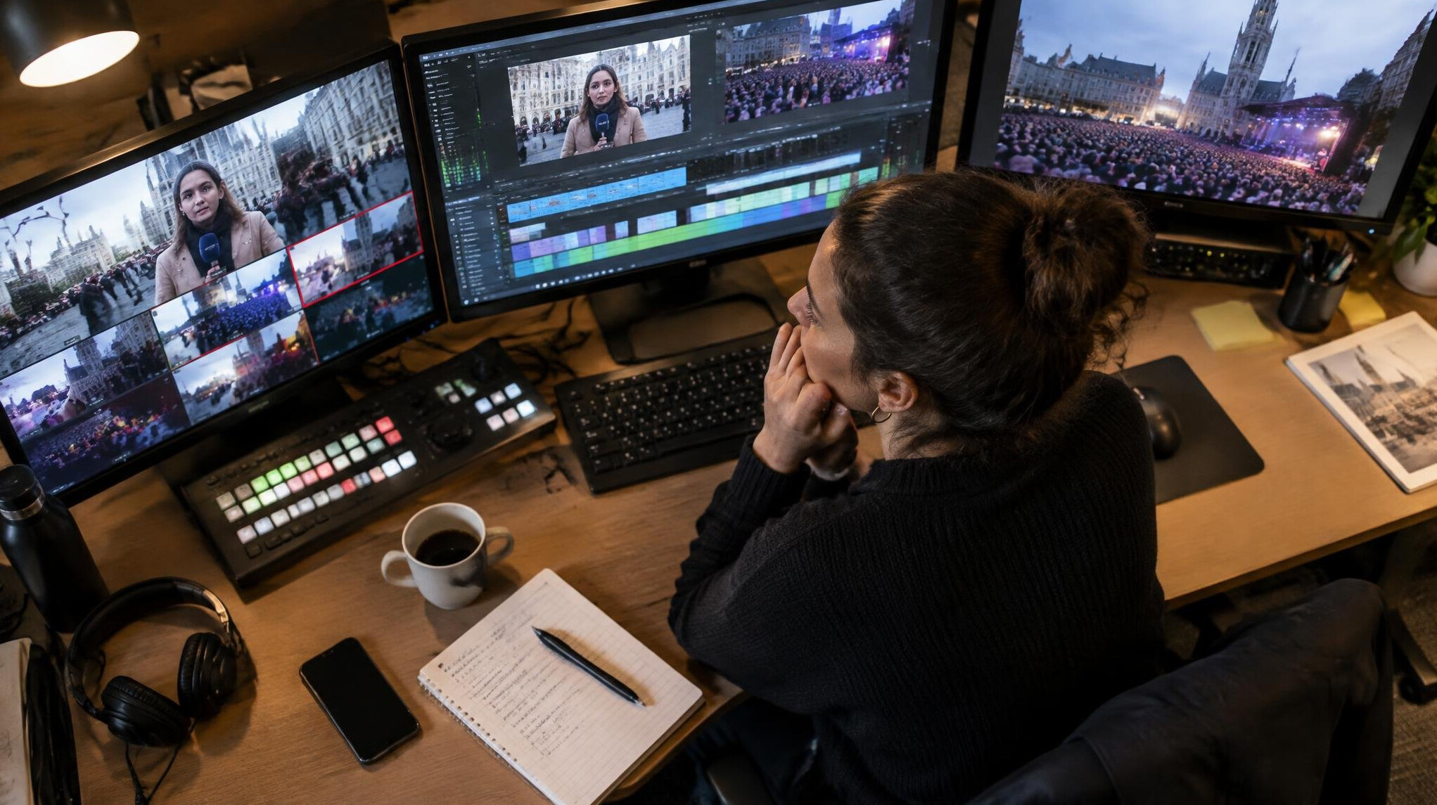 Broadcast editor reviewing footage at a desk with multiple monitors