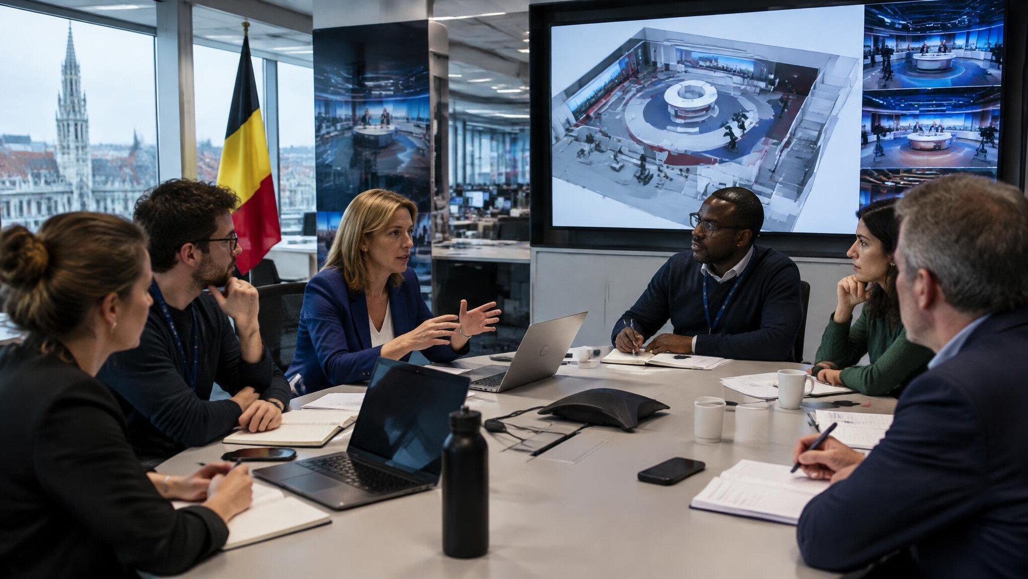 Newsroom team discussing live broadcast strategy before airtime